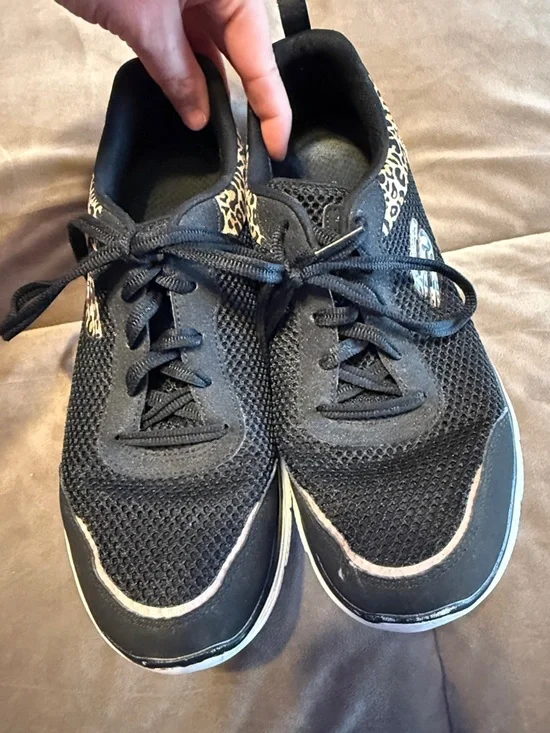 Skechers Women's Black Mesh Sneakers with Leopard Accent - Picture 1 of 6